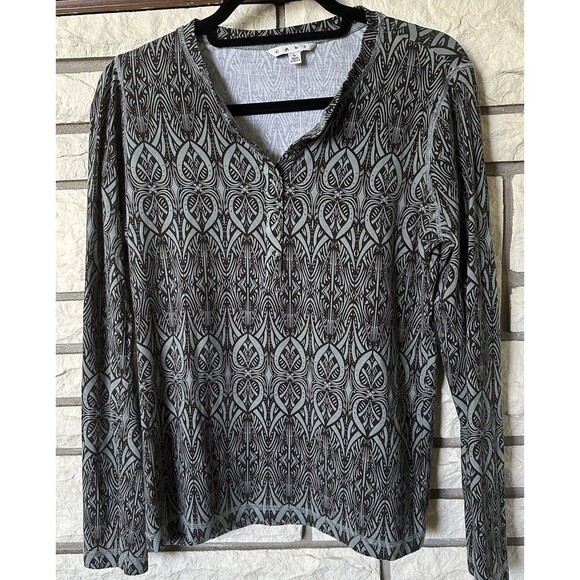 Cabi Tee Top Women Large Long Sleeve Geometric Print Green Dark Gray - Picture 1 of 5